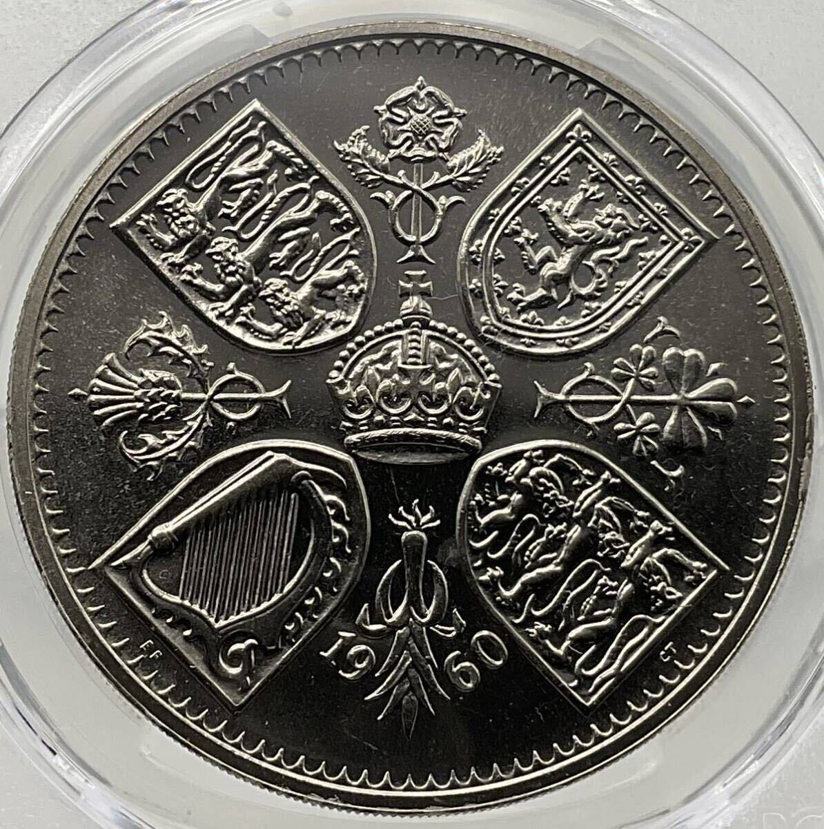 1９６０年 イギリス クラウン 白銅貨 エリザベス２世 PCGS PL66 Crown  ニューヨークイギリス博記念の画像3