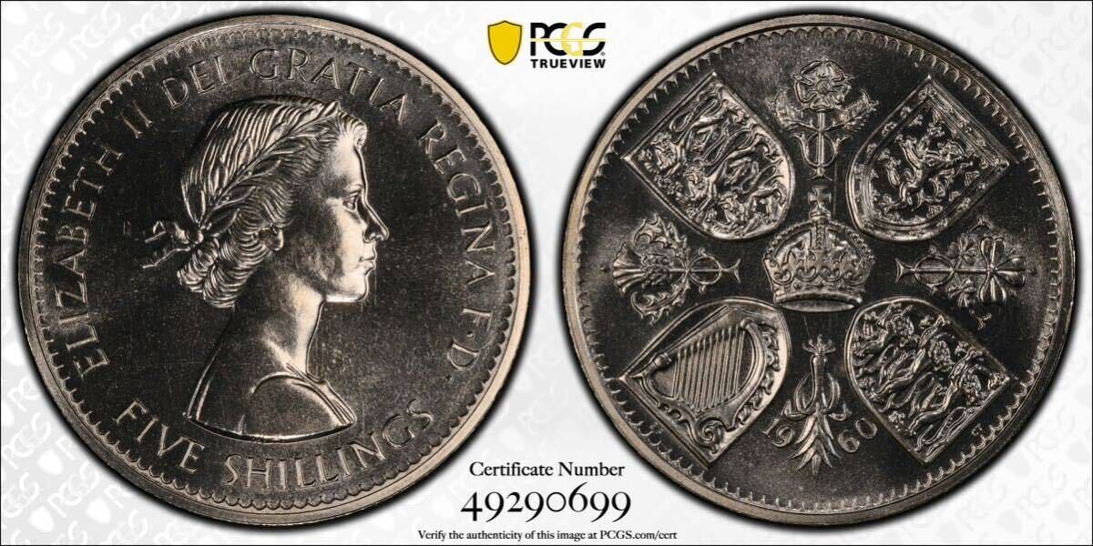 1９６０年 イギリス クラウン 白銅貨 エリザベス２世 PCGS PL66 Crown  ニューヨークイギリス博記念の画像10