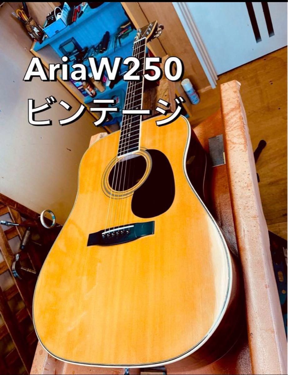 格安！練習用初心者向け　ソフトケース付き　Aria W250 70年代ビンテージ　クリーニング アコースティックギター