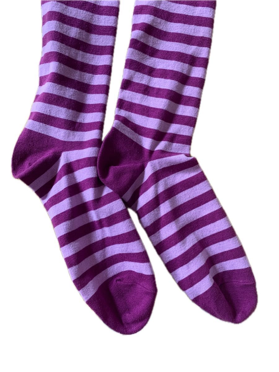 《靴下のみの出品です》ソックスモンキー　チャシャ猫　アリス　靴下　ロングソックス　しましま　紫　ボーダー　ゴスロリ　パープル