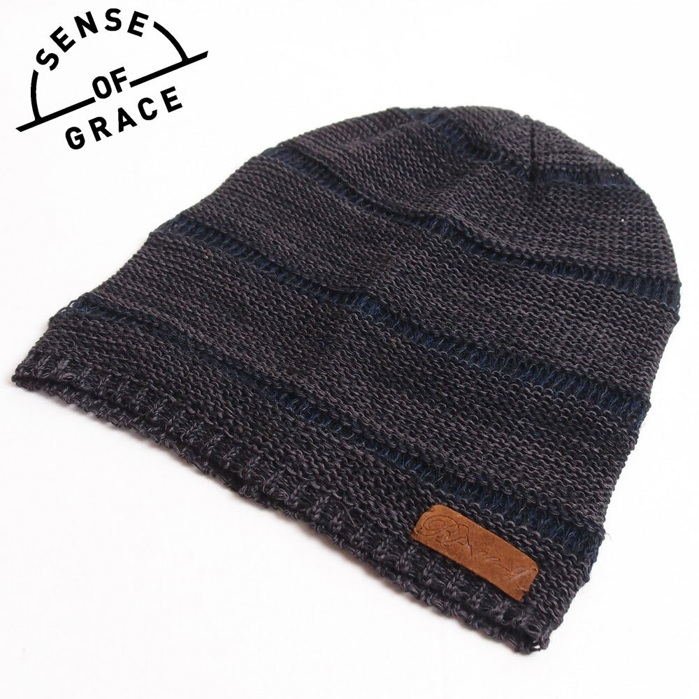 新品 SENSE OF GRACE 綿麻 ボーダーニットワッチ ブラック_画像1