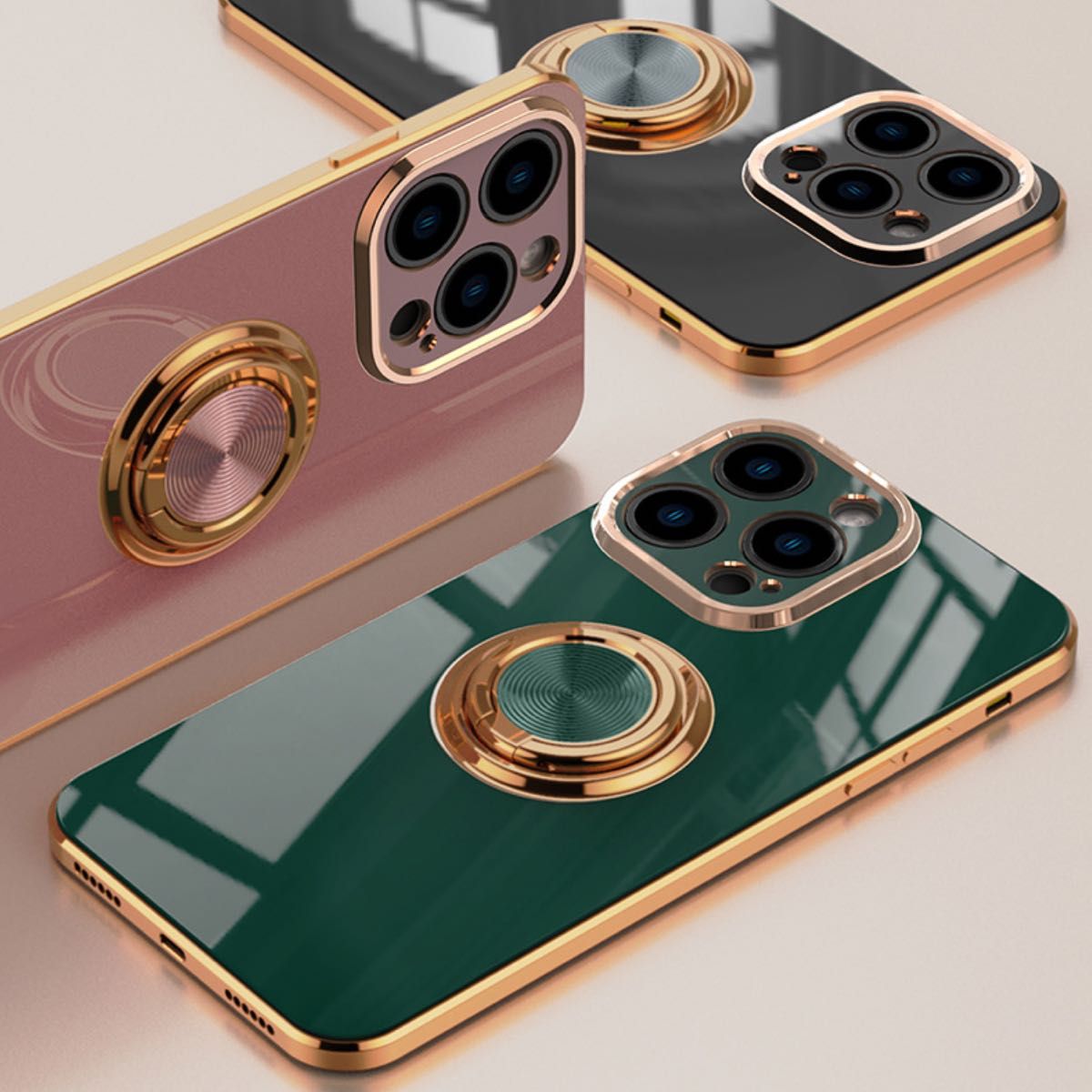 緑　iPhone15 ケース リング ピクセル  アイフォン　推し色　背中リング　ふちどり　韓国　おしゃれ　かわいい　ゴールド