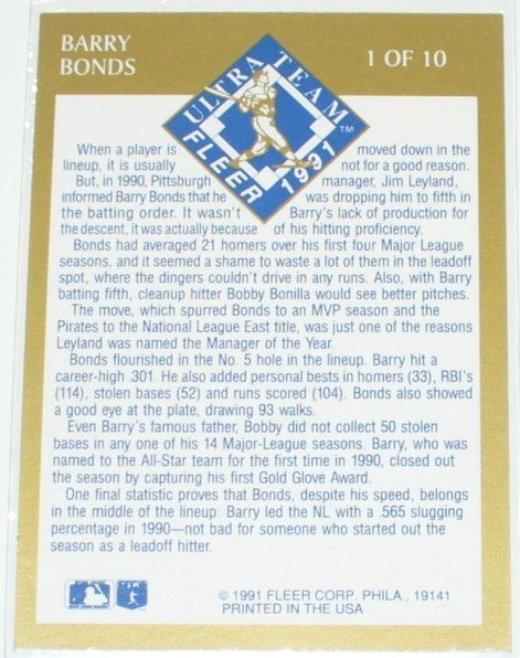 FLEER 1991/ULTRA TEAM/PITTSBURGH PIRATES.OUTFIELD*BARRY BONDS(1 OF 10)の画像2