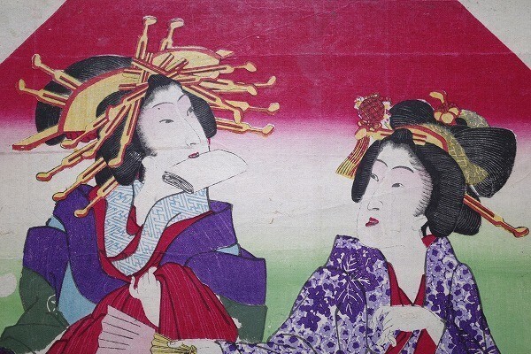 歌川国貞「花魁と美人」☆浮世絵 真作 団扇絵 吉原 遊女 錦絵 木 歌川国貞「花魁と美人」☆浮世絵 真作 団扇絵 吉原 遊女 錦絵 木