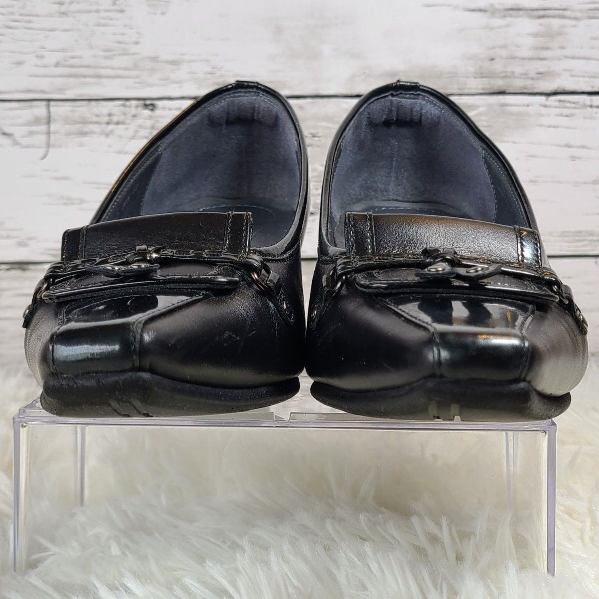 【pedala】ペダラ　スクエアトゥ　パンプス　ブラック　レザーエナメル切り替え 革靴