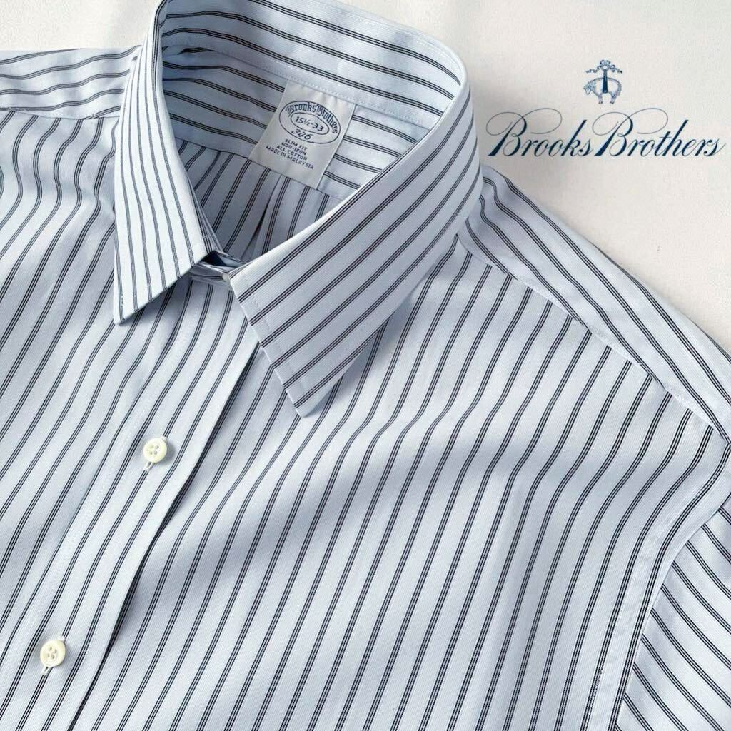(美品) ブルックスブラザーズ BROOKS BROTHERS ダブルカフス ストライプ 長袖 シャツ 15 1/2-33 (日本L) ブルー ブラック ノンアイロンの画像1