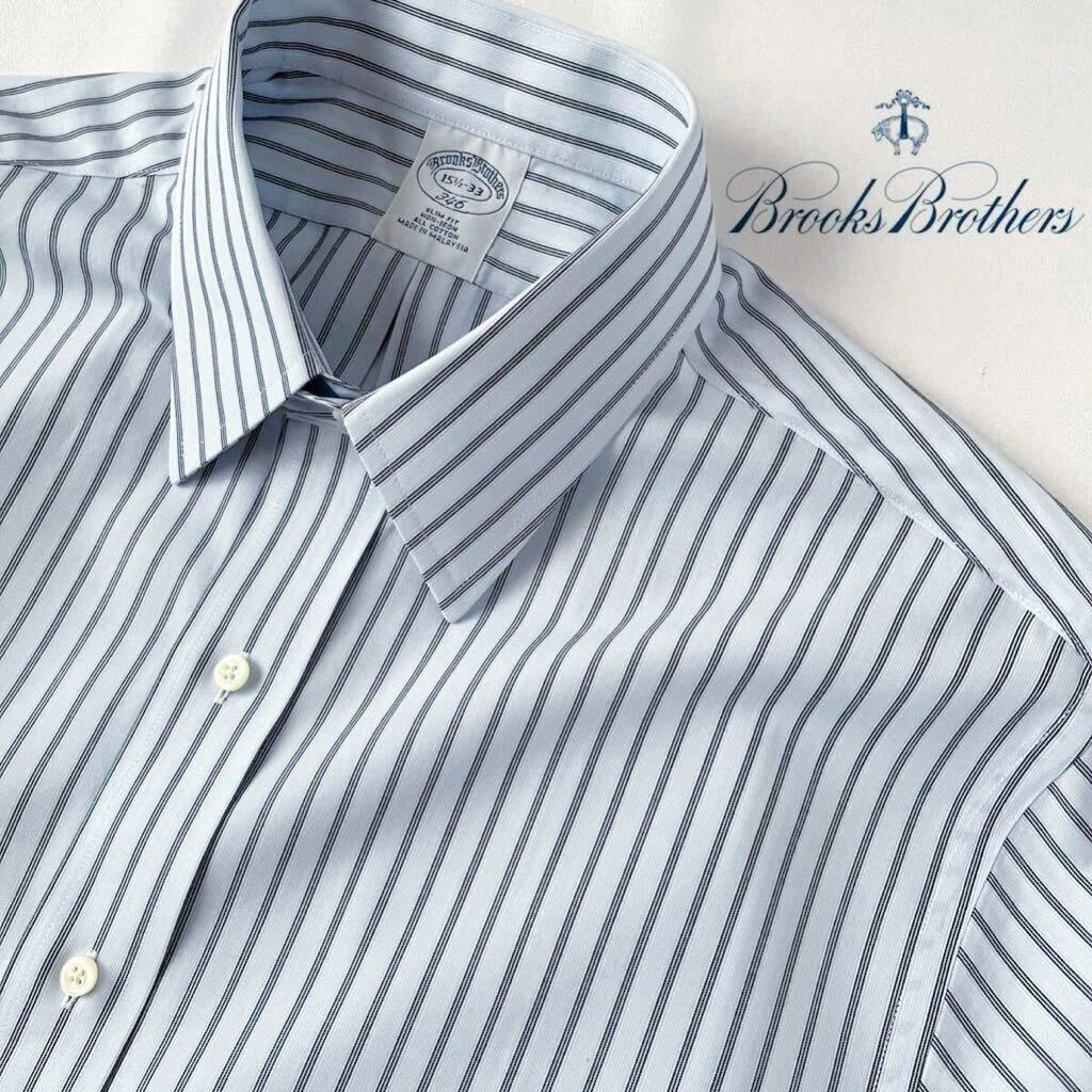 (美品) ブルックスブラザーズ BROOKS BROTHERS ダブルカフス ストライプ 長袖 シャツ 15 1/2-33 (日本L) ブルー ブラック ノンアイロン_画像1