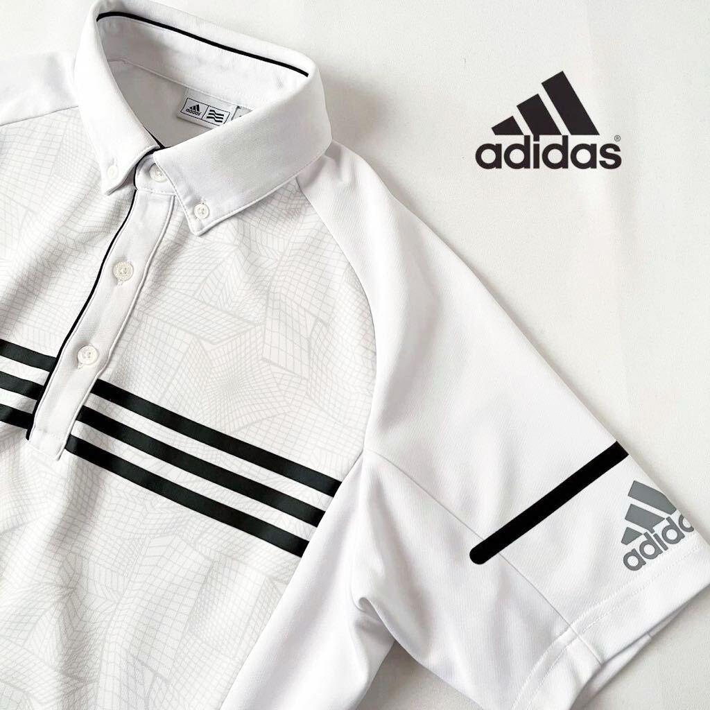 (美品) アディダス adidas 吸汗速乾 ボタンダウン ポロシャツ M ホワイト ブラック 半袖 ゴルフ シャツ の画像1