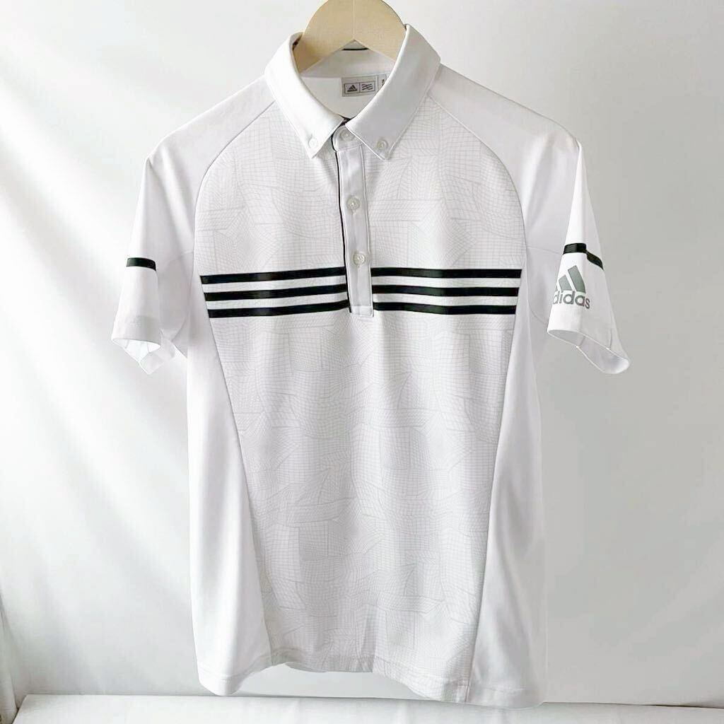 (美品) アディダス adidas 吸汗速乾 ボタンダウン ポロシャツ M ホワイト ブラック 半袖 ゴルフ シャツ の画像2
