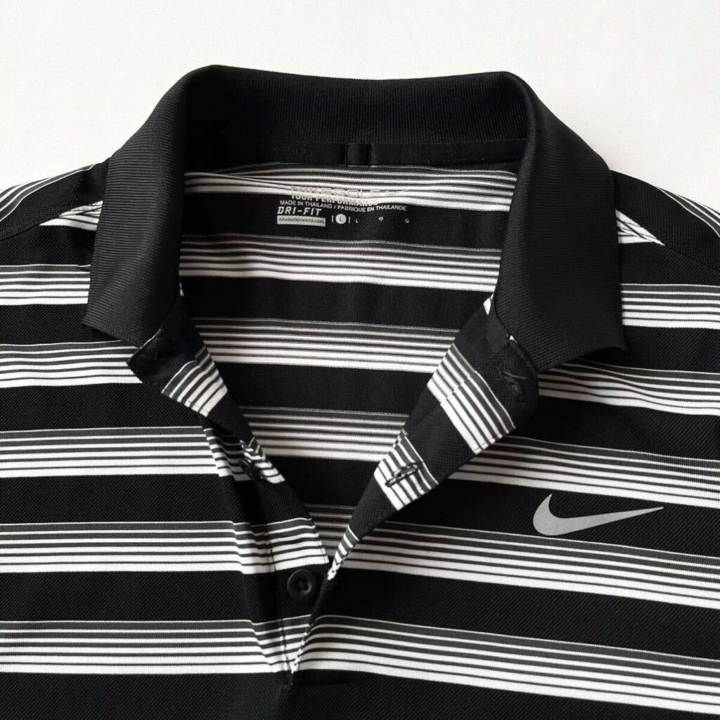 (美品) ナイキ ゴルフ NIKE GOLF DRY-FIT 吸汗速乾 ポロシャツ L ブラック ホワイト ボーダー柄 半袖 シャツ ゴルフウェアの画像5