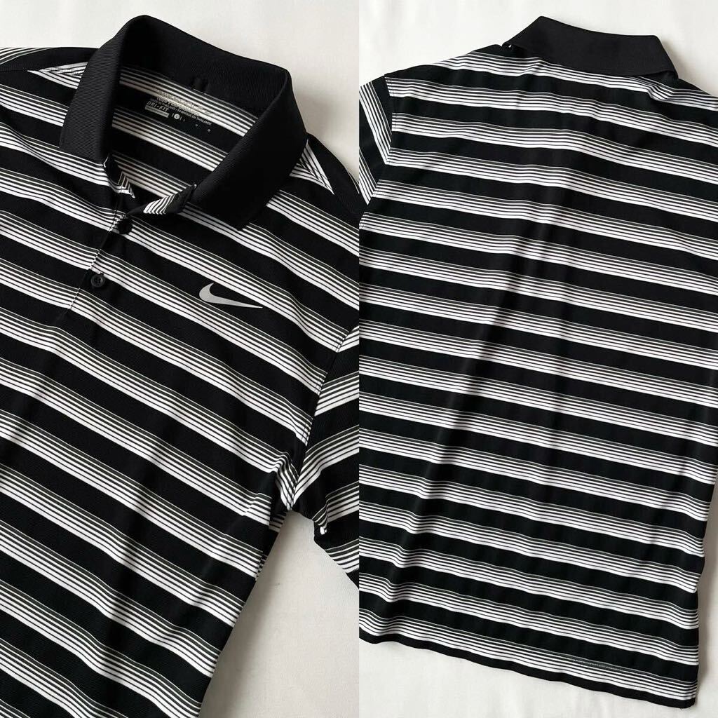 (美品) ナイキ ゴルフ NIKE GOLF DRY-FIT 吸汗速乾 ポロシャツ L ブラック ホワイト ボーダー柄 半袖 シャツ ゴルフウェア_画像8