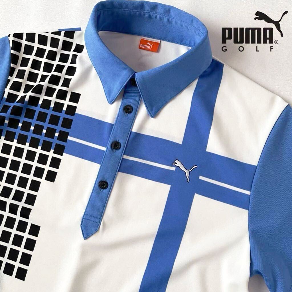 (美品) プーマ PUMA 吸汗速乾 ポロシャツ L ブルー ホワイト ブラック 半袖 ゴルフ シャツ の画像1