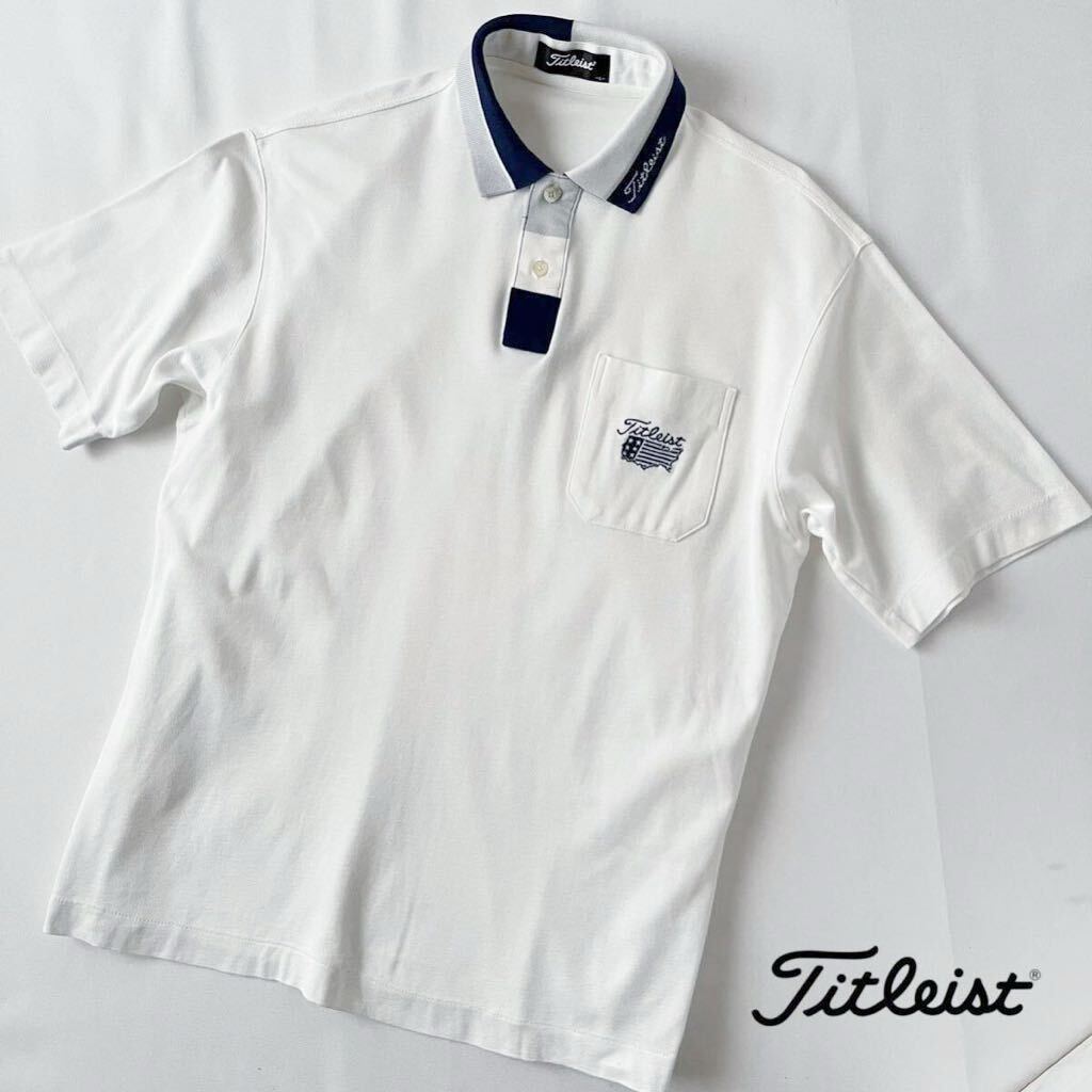 (美品) タイトリスト Titleist 半袖 ポロシャツ L ホワイト ネイビー グレー ゴルフ シャツ の画像2