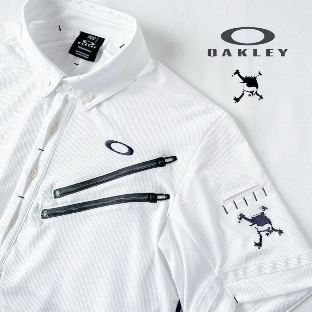 (美品) オークリー スカル OAKLEY SKULL ボタンダウン 吸汗速乾 機能性 ポロシャツ M ホワイト ネイビー ブラック 半袖 ゴルフシャツ _画像2