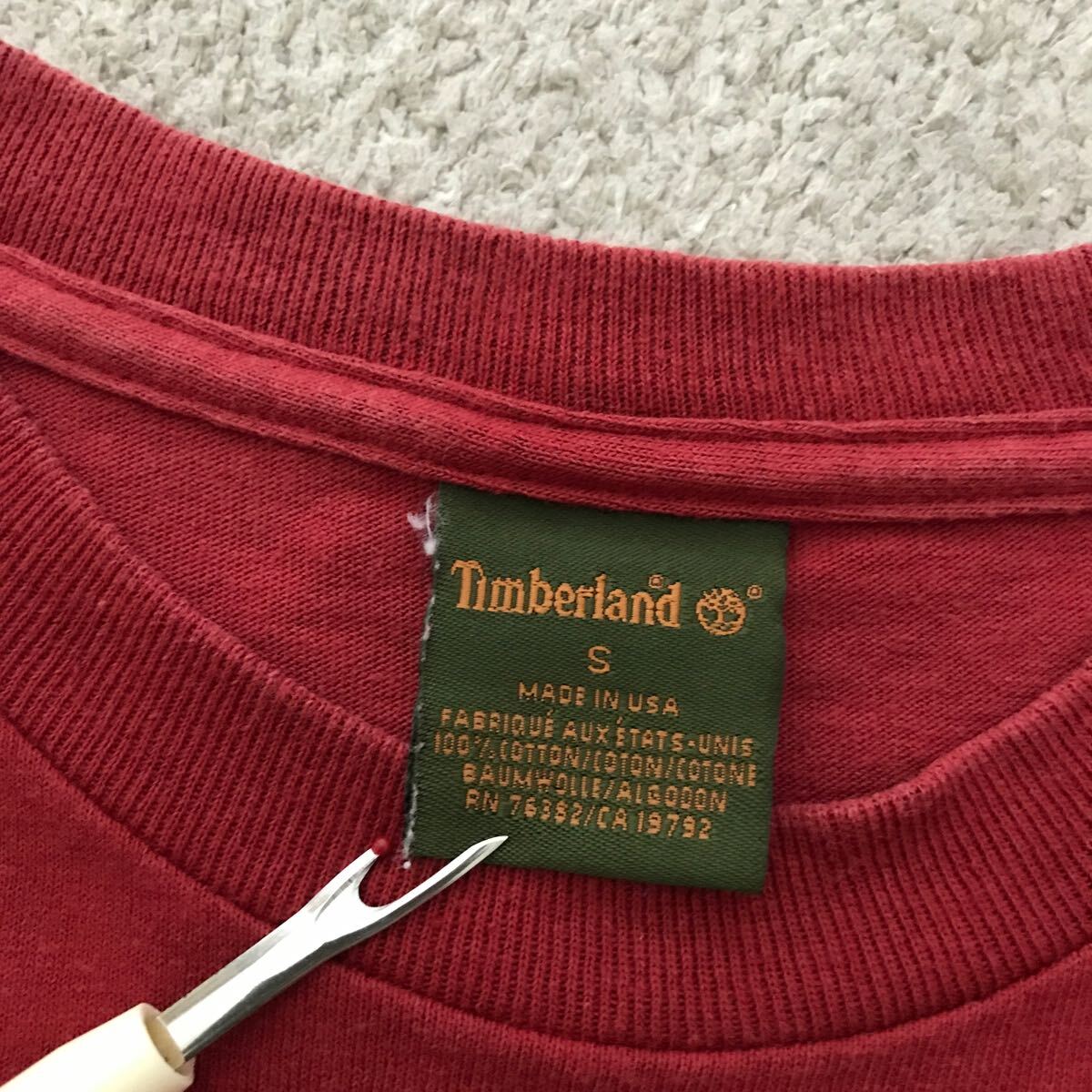 90\'s USA made Timberland Timberland short sleeves T-shirt SMALL dark red reflector print Vintage outdoor old clothes MADE IN USA