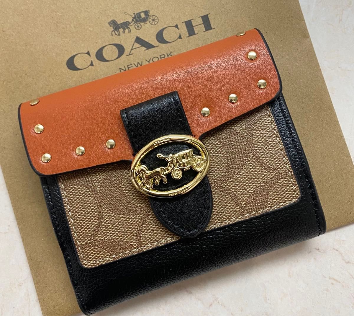 [新品未使用]COACHシグネチャースタッズ二つ折り財布　ミニ財布  スモール レザー 