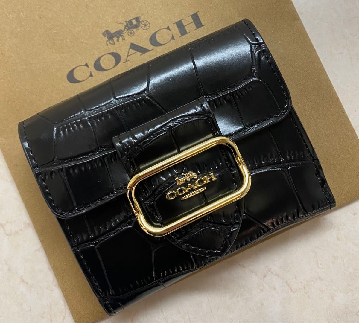 [新品未使用] COACHクロコ型押し二つ折り財布　ミニ財布