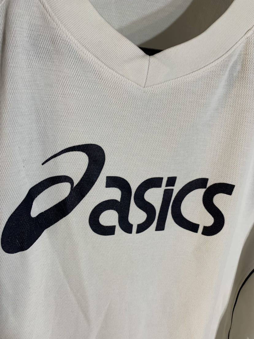 asics アシックス デカロゴ プリント 大 ポリ綿 Vネック 長袖 カットソー ロンT Tシャツ 白×紺 XO_画像6