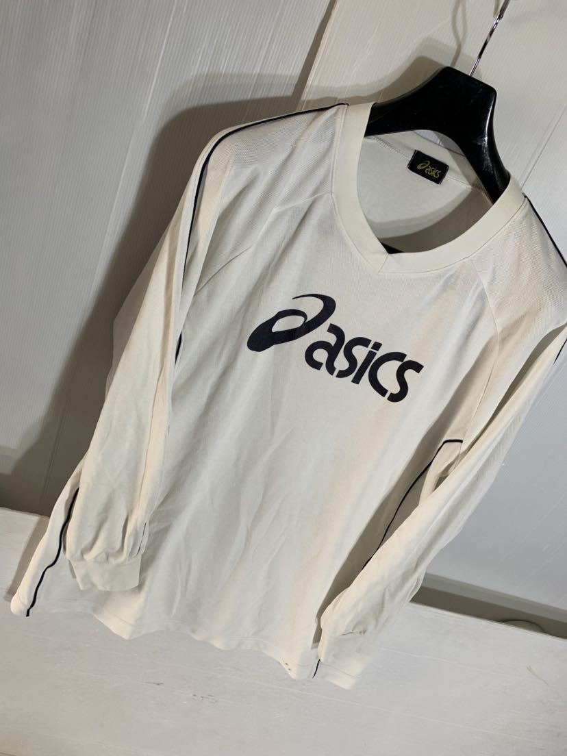 asics アシックス デカロゴ プリント 大 ポリ綿 Vネック 長袖 カットソー ロンT Tシャツ 白×紺 XO_画像8