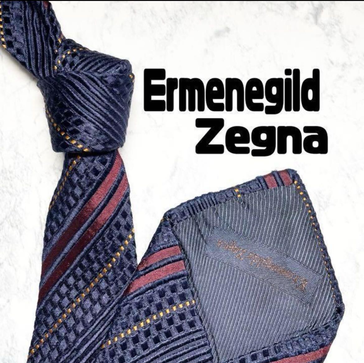 【美品】Ermenegild Zegna エルメネジルド ゼニア ネクタイ ストライプ柄 ジャガード ドット ネイビー 光沢感 高級感の画像1