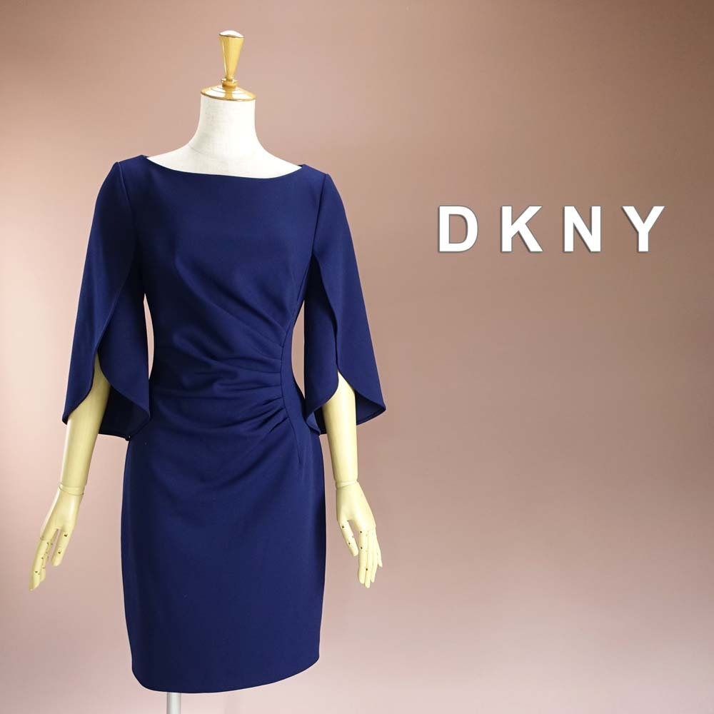 新品 DKNY 12/17号 ダナキャラン 紺 ベルスリーブ ワンピース パーティドレス 七分袖 大きいサイズ 結婚式 二次会 フォーマル 凛30W1003_画像1