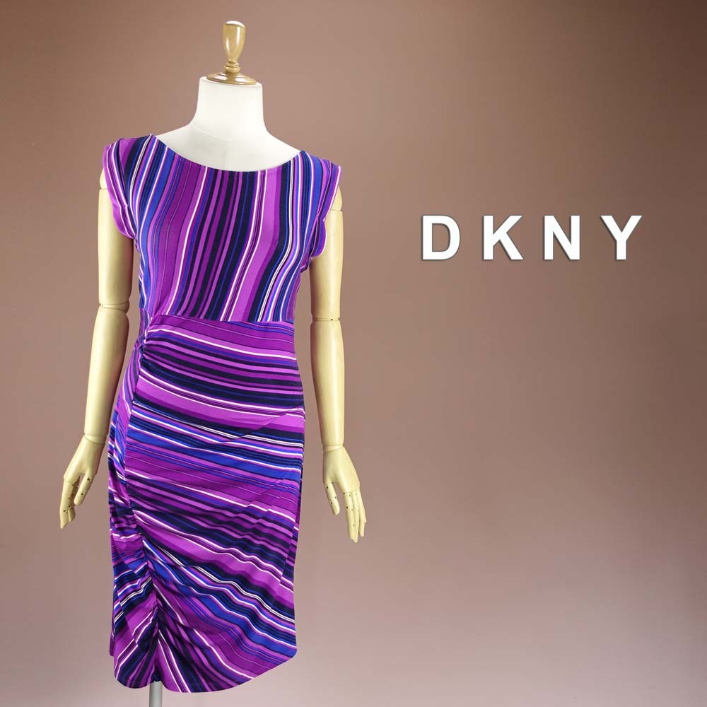 新品 DKNY 17号～19号 ダナキャラン 紫 紺 白 ストライプ ワンピース パーティドレス 大きいサイズ 結婚式 二次会 披露宴 発表会 凛33W1302_画像1