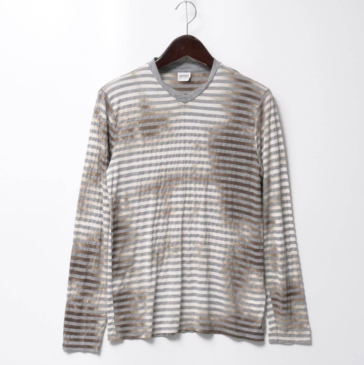 GP2039□アルマーニコレツィオーニ/ARMANI COLLEZIONI*ボーダー柄×総柄*Vネック*長袖*Tシャツ/カットソー*メンズ*sizeLの画像1