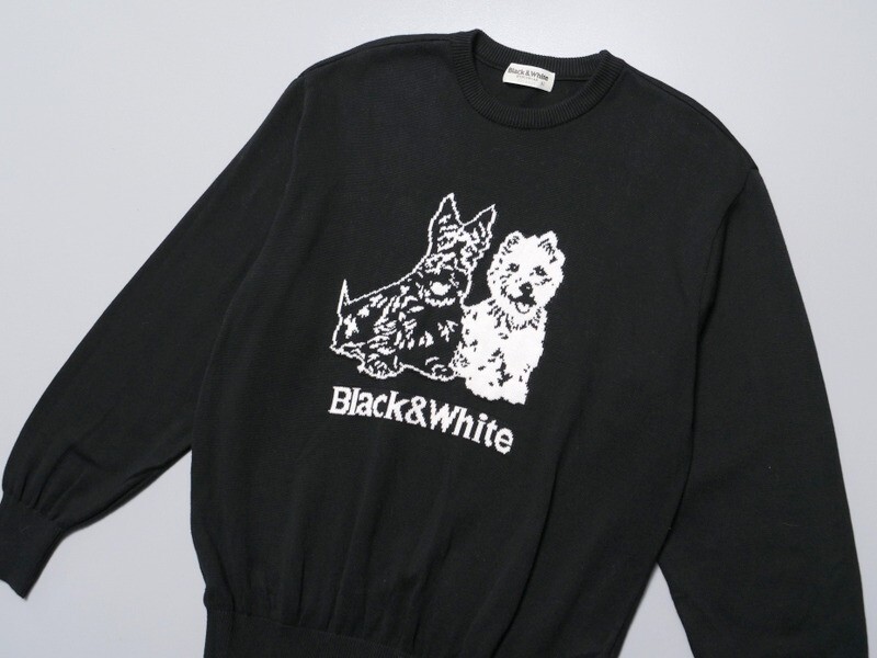 TH3675◇ブラック＆ホワイト/Black & White メンズM 犬柄 コットンニット クルーネックセーター ブラック系の画像3