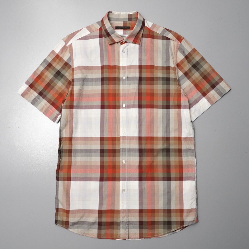 MG0176◇イタリア製 ルイヴィトン/LOUIS VUITTON メンズM チェックシャツ 半袖シャツ ブラウン系の画像1