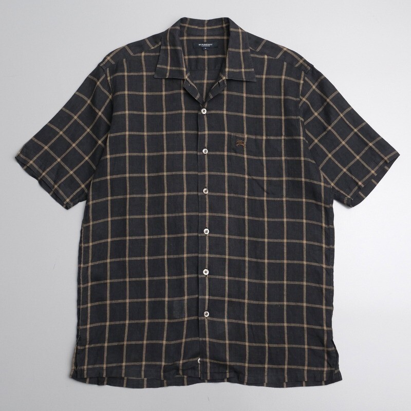 TE8995◇バーバリー BURBERRY LONDON メンズS 半袖 リネンシャツ チェックシャツ ワンピースカラーシャツ ブラック系の画像1