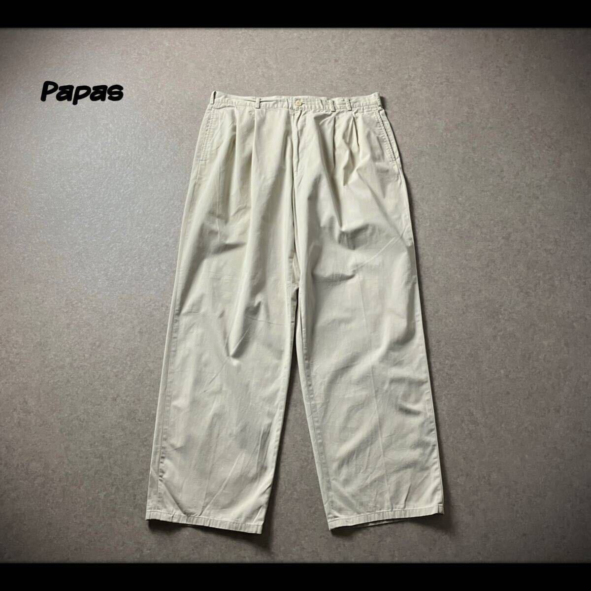 Papas パパス コットン ツータック コットン スラックス パンツ LL 大きいサイズ 日本製 ロゴ PAPAS ISLAND ワイドパンツ チノパン_画像1