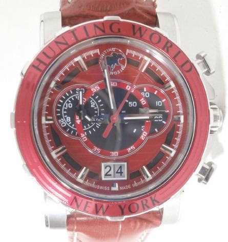電池新品 稼働品 ハンティングワールド HW-913 クロノグラフ 100M 赤 レッド 外箱 ケース 保証書 付属 メンズ腕時計 Hunting World Swissの画像6