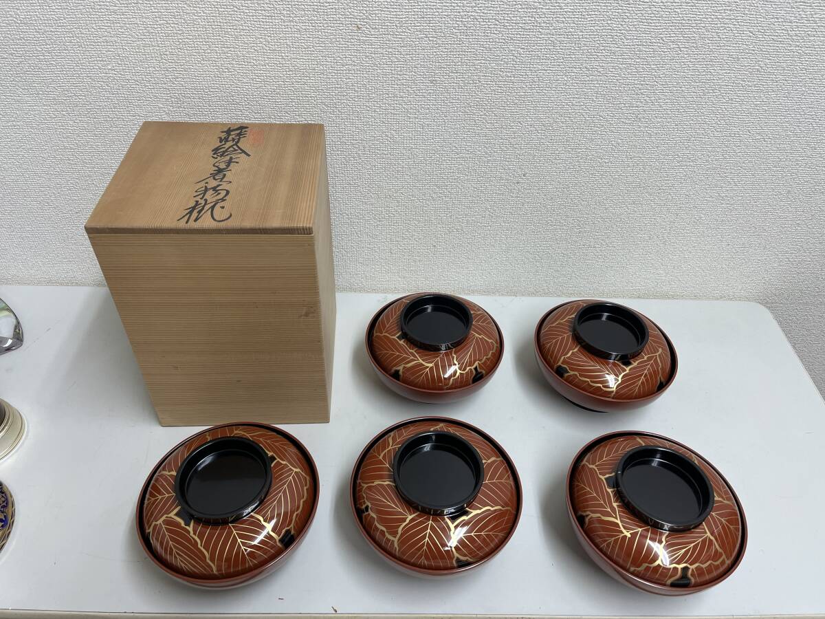 木製汁椀 漆器 金蒔絵 煮物椀 5客セット 木箱入り 古道具 古キッチン 工芸の画像1