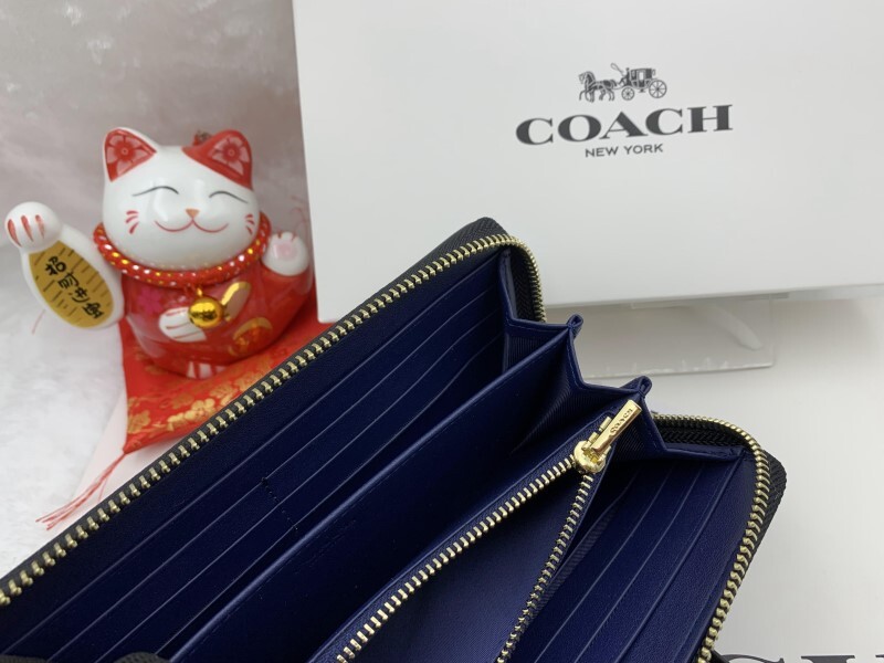 コーチ 長財布 COACH 財布 ネイビー系マルチ PVC フローラル プリント 花柄 ストラップ付き 母の日 贈り物 花柄 新品 未使用 C8694 C144Z