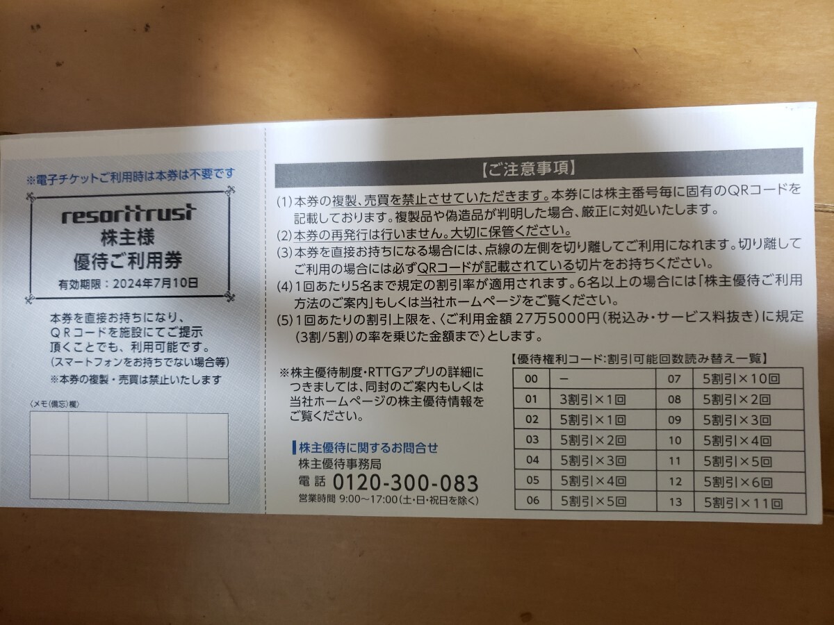 リゾートトラスト　株主優待（３割引券）株主様ご優待券 1枚　期限7月10日まで_画像1