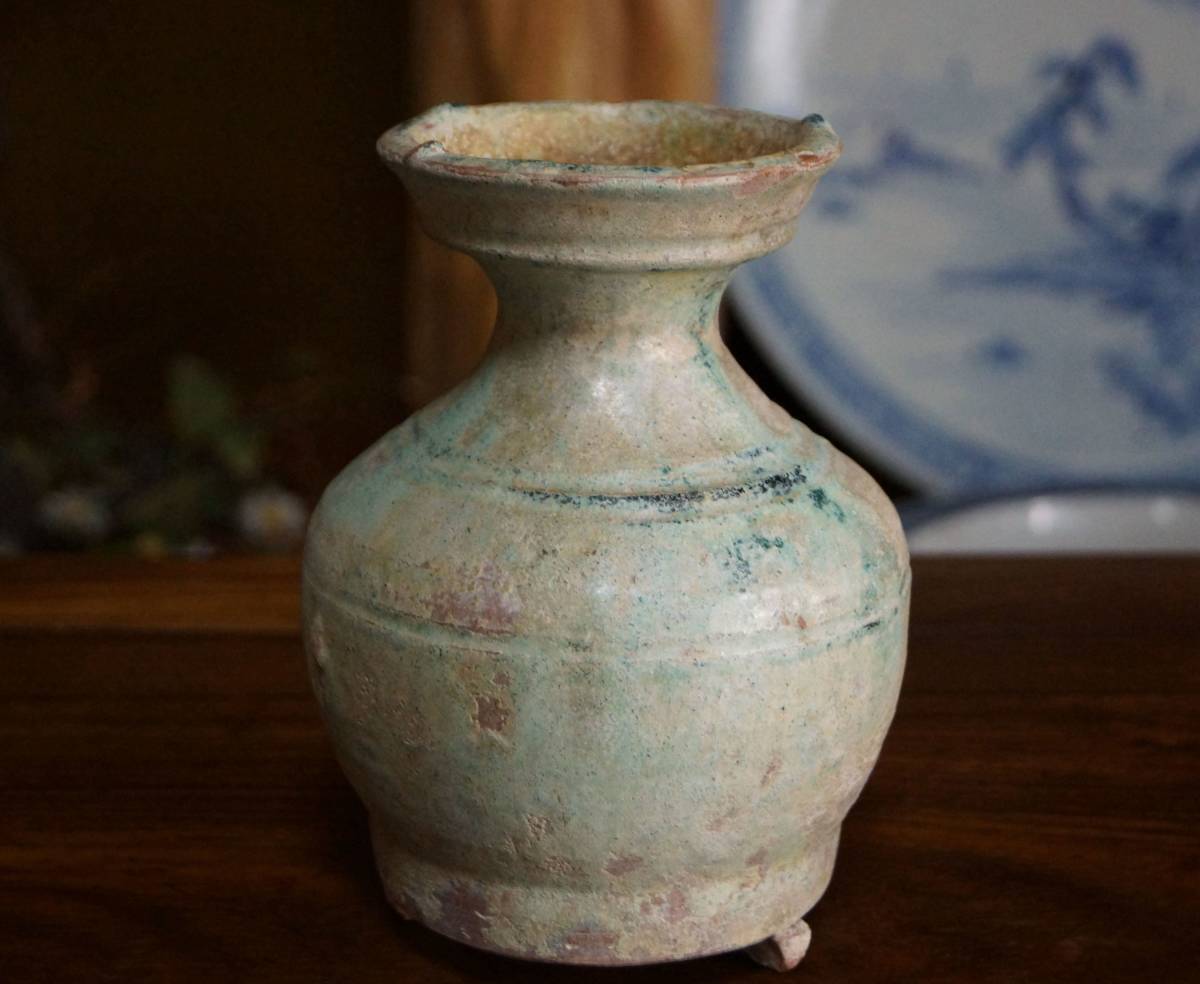 【寂】漢代 銀化緑釉三足壺 飾壺 アンティーク★3D0816の画像1