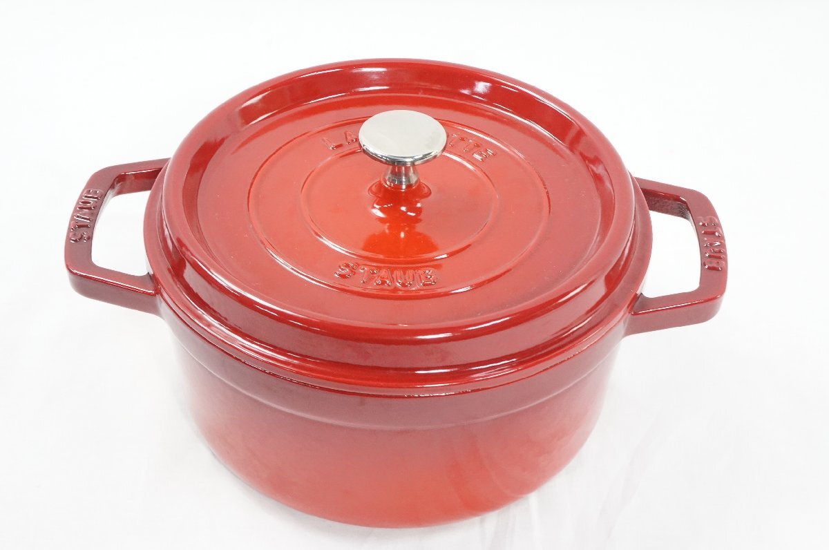 01▼【中古】staub/ストウブ 両手鍋 ココットラウンド 22cm レッド 赤△13N9_画像1