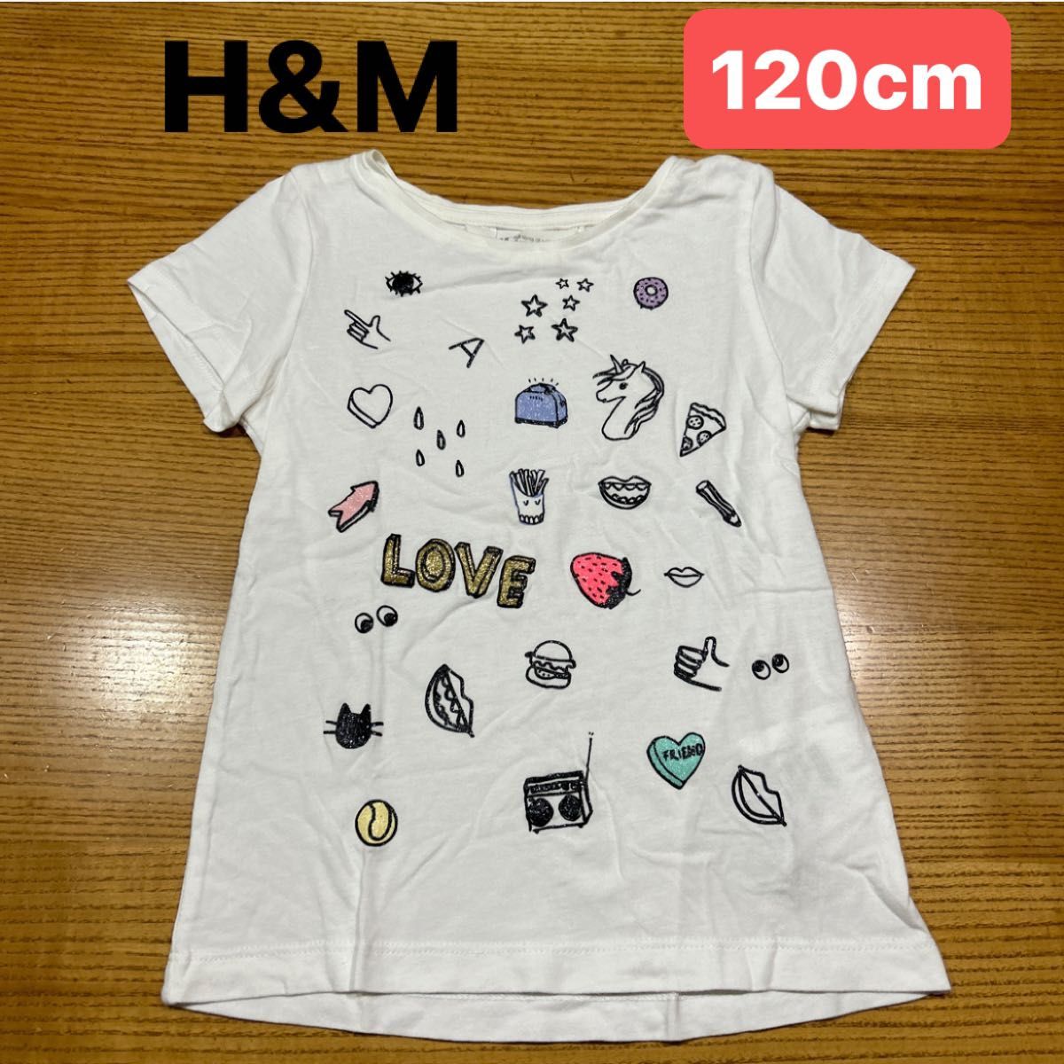 【H&M】(USED)ホワイト イラスト 半袖Tシャツ 女の子 110/116(120cm)