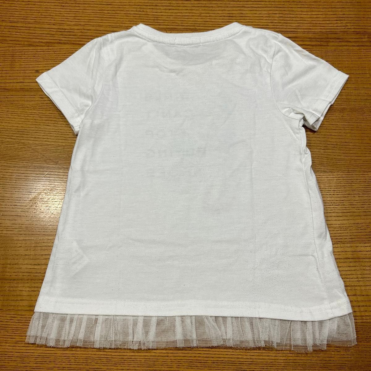 【GLOBAL WORK 】(USED)ホワイト 裾チュール パンプスプリント 半袖Tシャツ XL 130cm