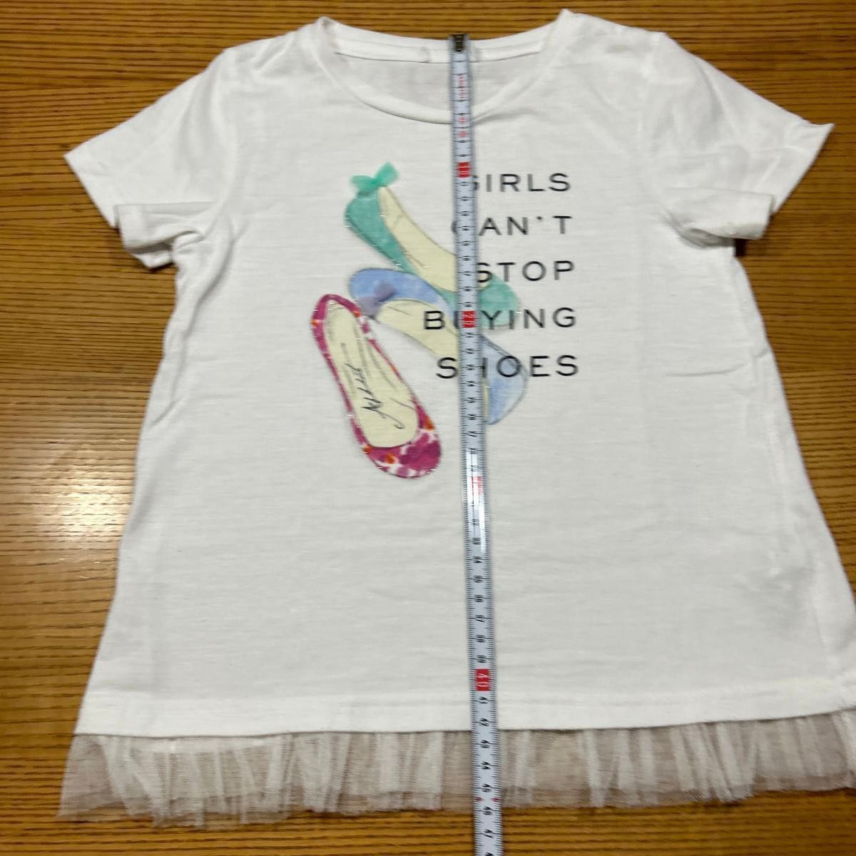 【GLOBAL WORK 】(USED)ホワイト 裾チュール パンプスプリント 半袖Tシャツ XL 130cm