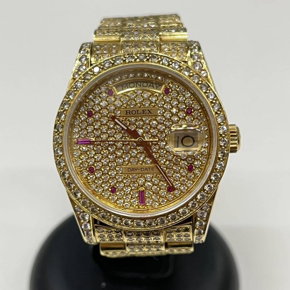 B49【中古稼働品】/ ROLEX 18038A デイデイト アフターダイヤ 金無垢 138.4g ゴールド文字盤 ルビー ロレックス K18 自動巻き メンズ