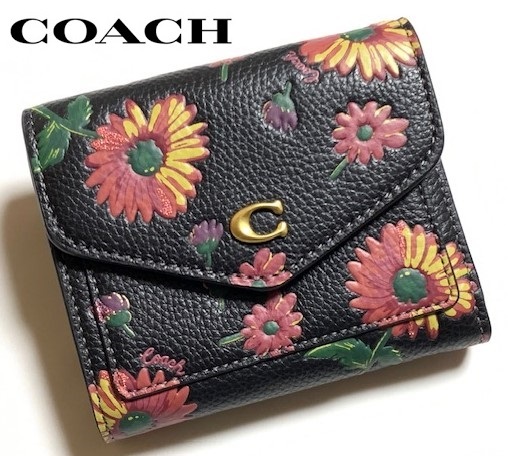 特価！ 可愛い COACH コーチ ペブル レザー フローラルプリント ウィン 花柄 三つ折り財布 ミニ財布 CM524 ブラックマルチ 新品本物_画像1