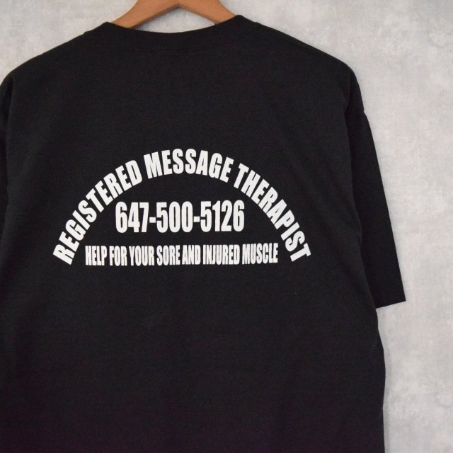 REGISTERED MESSAGE THERAPIST 企業プリントTシャツ L 半袖 コットン 黒 ブラック フルーツオブザルーム 筋肉 セラピスト 古着_画像5