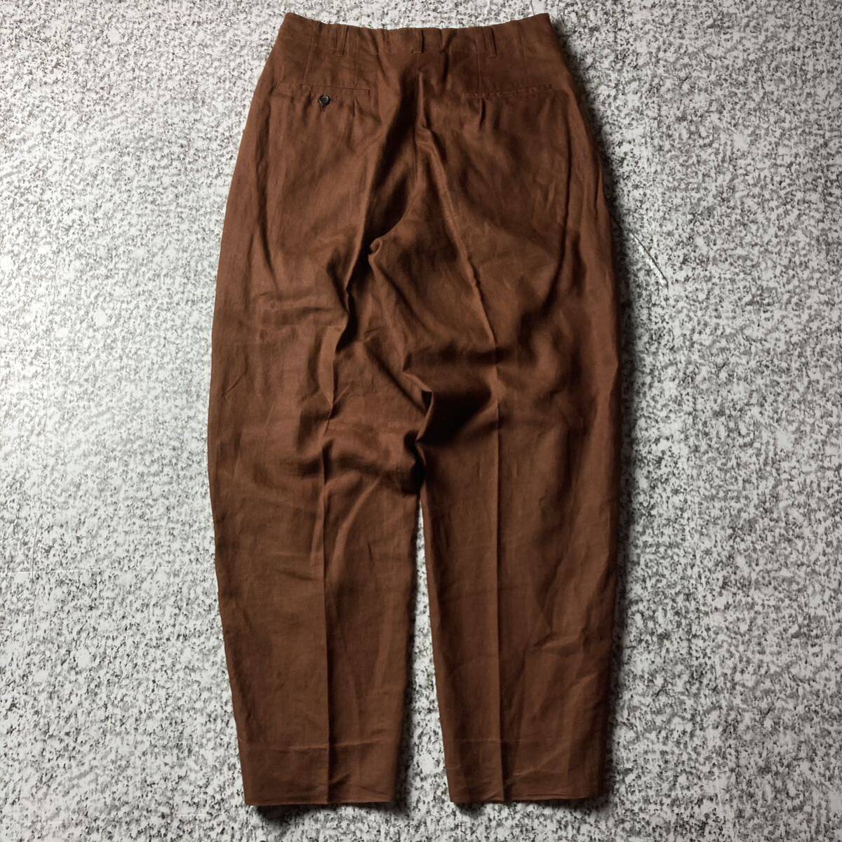 [90s Old ]2 tuck очень толстый Vintage лен linen широкий брюки светло-коричневый тон сделано в Японии L размер б/у одежда центральный Press 