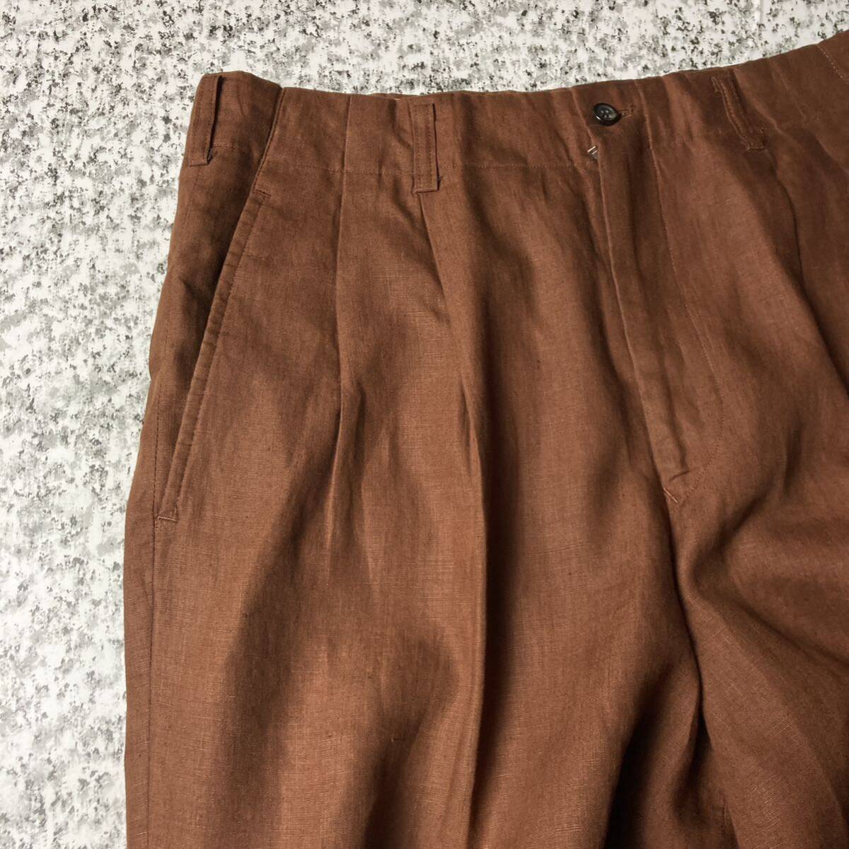 [90s Old ]2 tuck очень толстый Vintage лен linen широкий брюки светло-коричневый тон сделано в Японии L размер б/у одежда центральный Press 