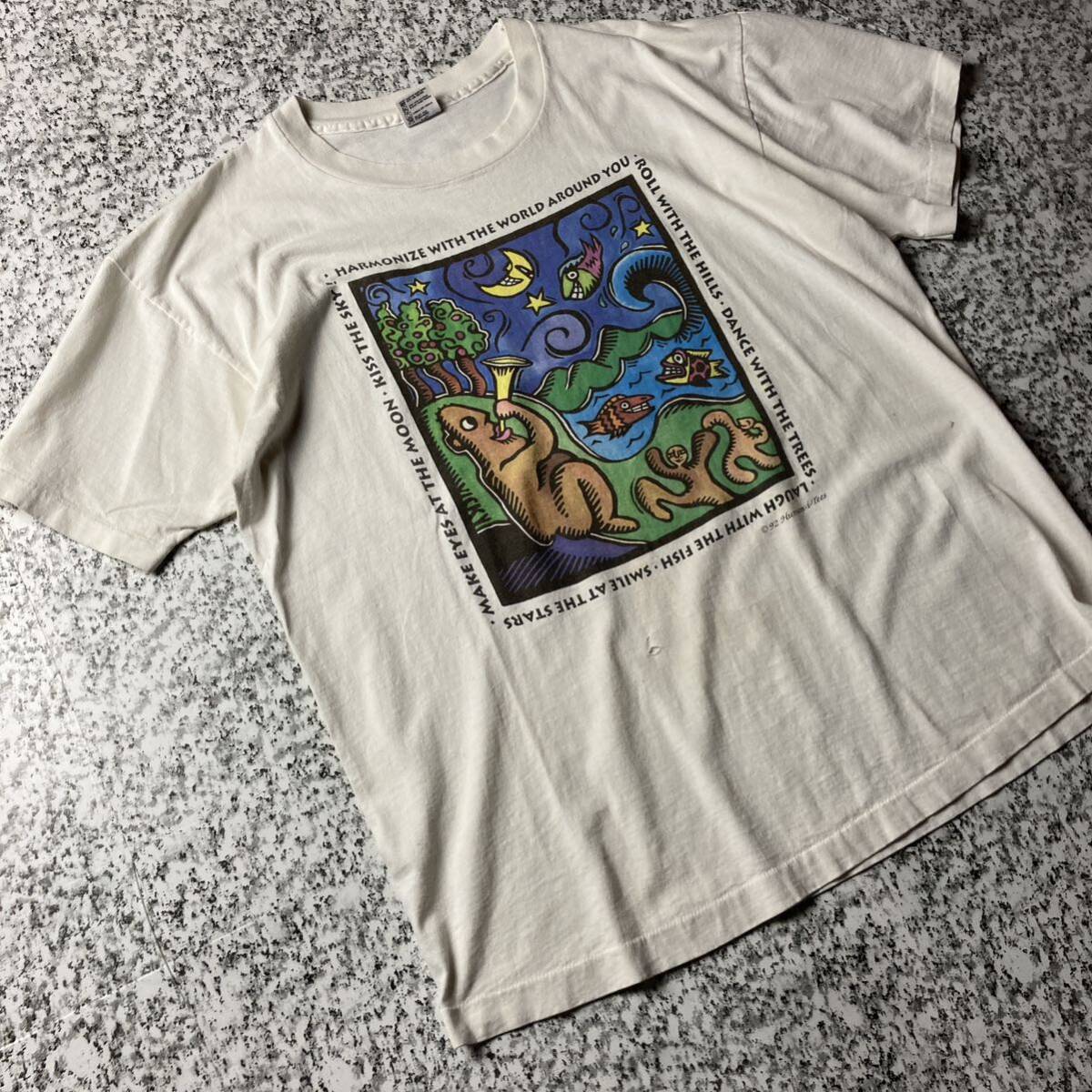 【90sUSA製】Human-i-Tees ビンテージ　S/SアートTシャツ　ホワイト　XLサイズ 古着　プリント　シングルステッチ　_画像3