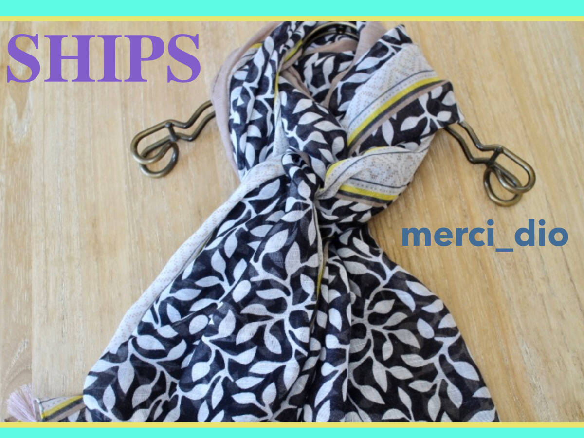  Ships SHIPS cotton . black leaf pattern tassel large size stole long scarf kana Lee yellow new goods unused Wai Ron Herman 