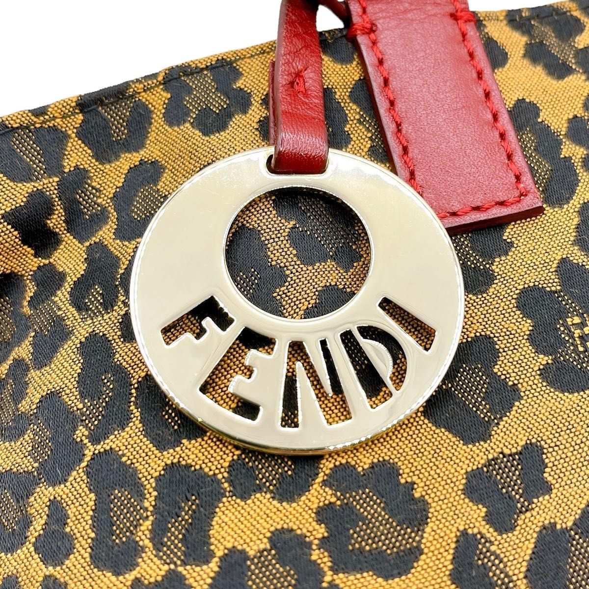 美品 フェンディ キャンバス レオパード トートバッグ 茶 赤 美品 フェンディ キャンバス レオパード トートバッグ 茶 赤