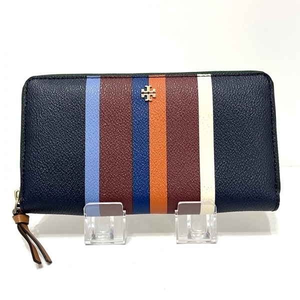 トリーバーチ TORY BURCH 長財布 - PVC(塩化ビニール)×レザー ダークネイビー×ダークブラウン×マルチ ラウンドファスナー/ストライプ_画像1