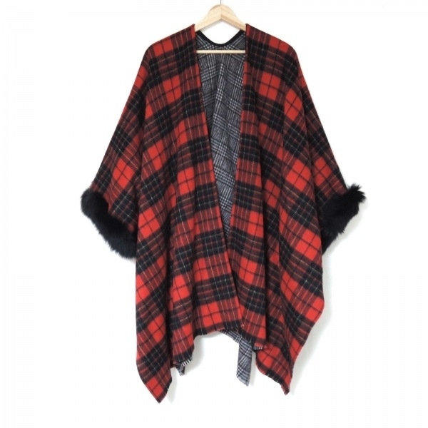  Grace Continental GRACE CONTINENTAL poncho size 36 S - red × black × multi lady's fox / check pattern / winter beautiful goods 